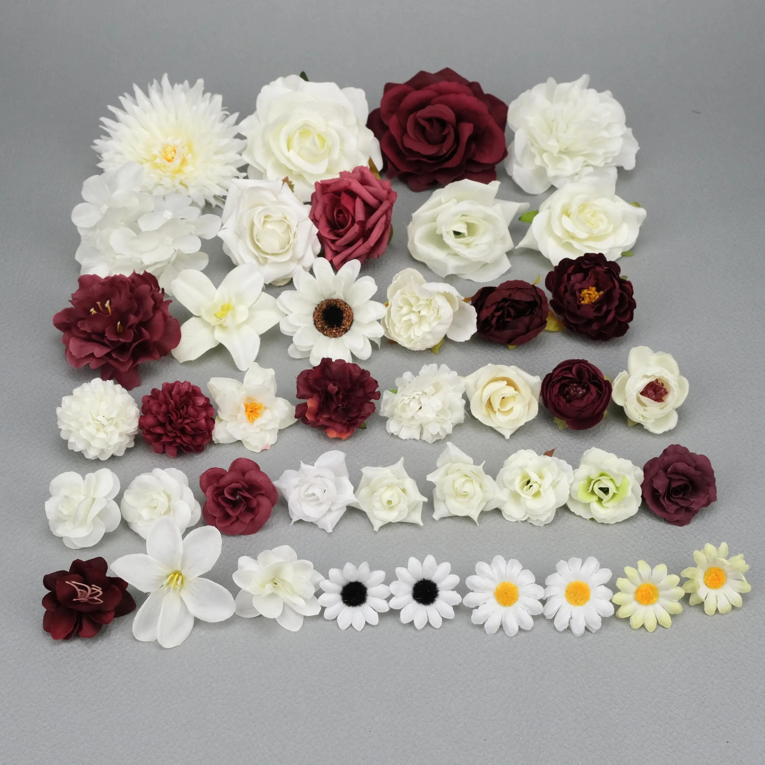 41Pcs White Rose Artificial Silk Flower Heads Combo Set DIY Bridal Flora Bouquet Home Decor Fake Burgundy Peony Accessories