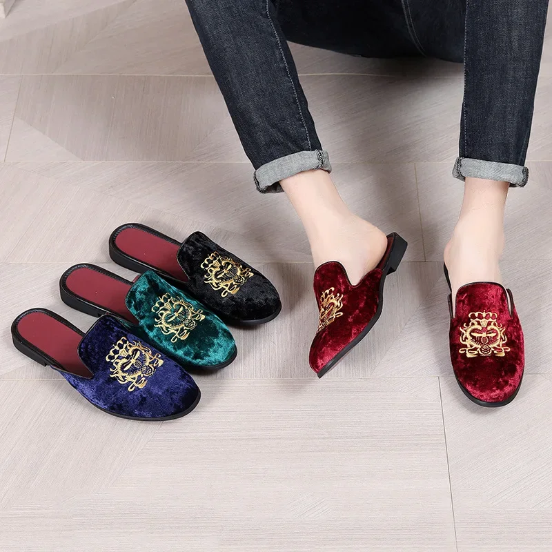 

Men's Leather Anti-Wear Slippers Velvet Slip-On Loafers Fashionable Mule Shoes
