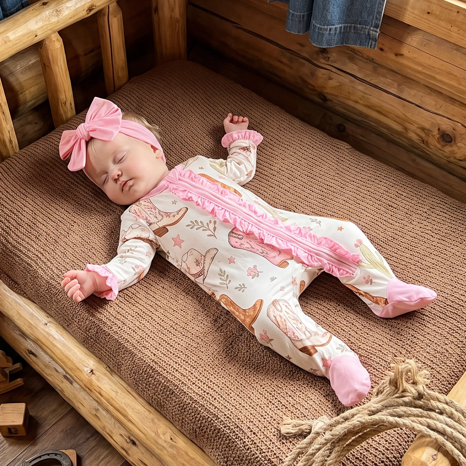 Baby Girl Zip Up Romper Long Sleeve Cactus Footed Bodysuit with Headband