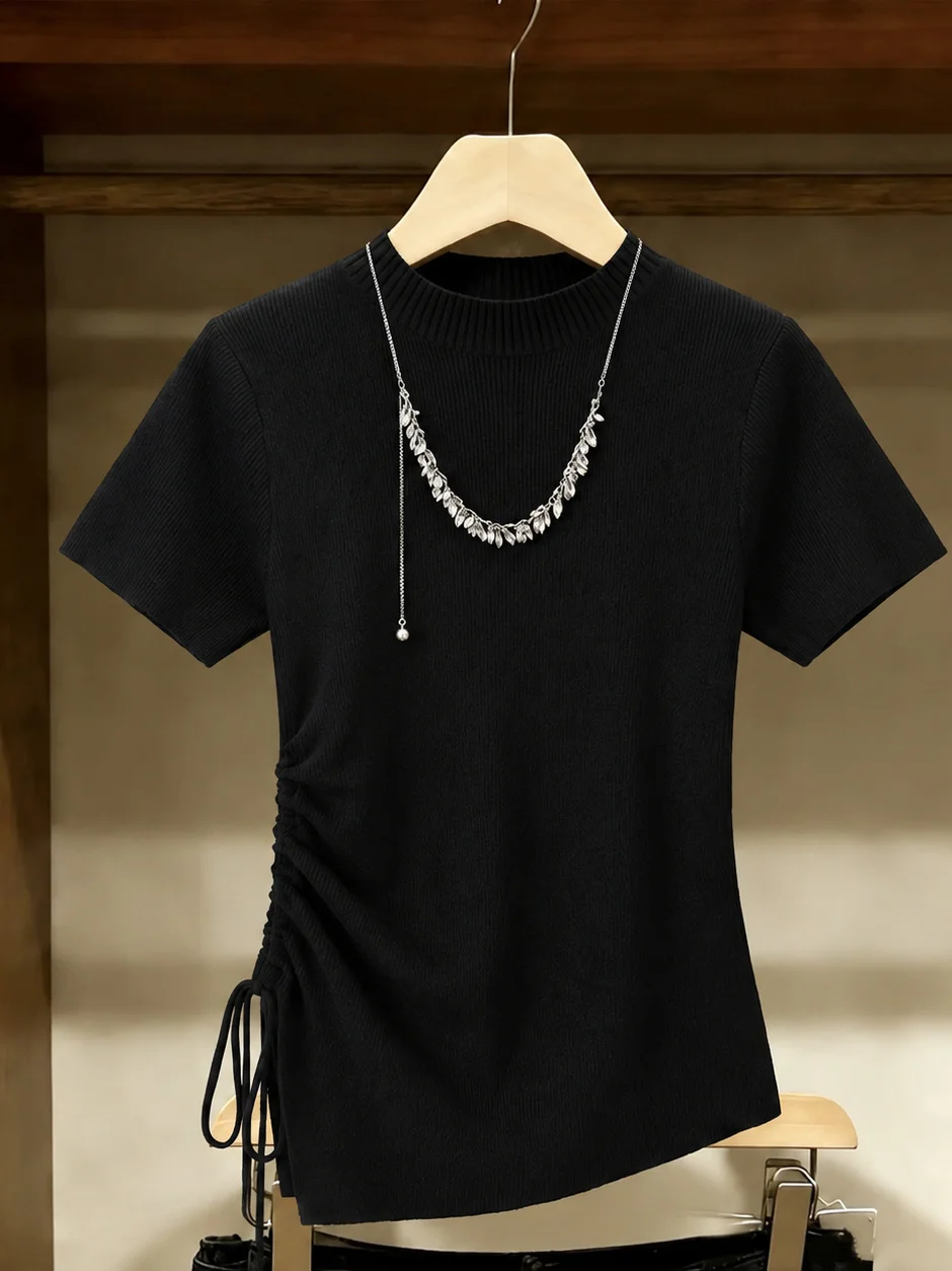 

Slim Fit Short Sleeve Knitted Top round Neck Drawstring Korean Style Commute Shirt Base Layer Shirt Summer 2026 Poetic Lin