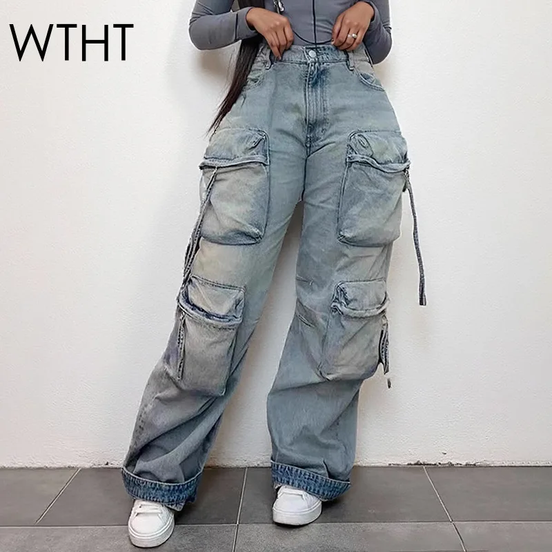 

WTHT модные женские лоскутные джинсы с несколькими карманами, осень 2023, прямые джинсовые брюки с высокой талией, женские 1LS2602