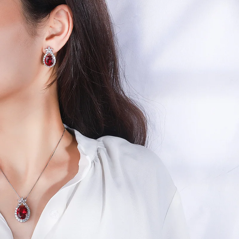 New High-end Jewelry Luxury Inlaid Red Earrings Necklace Set Earrings Main Stone 10*12 Pendant 12*16 Accessories