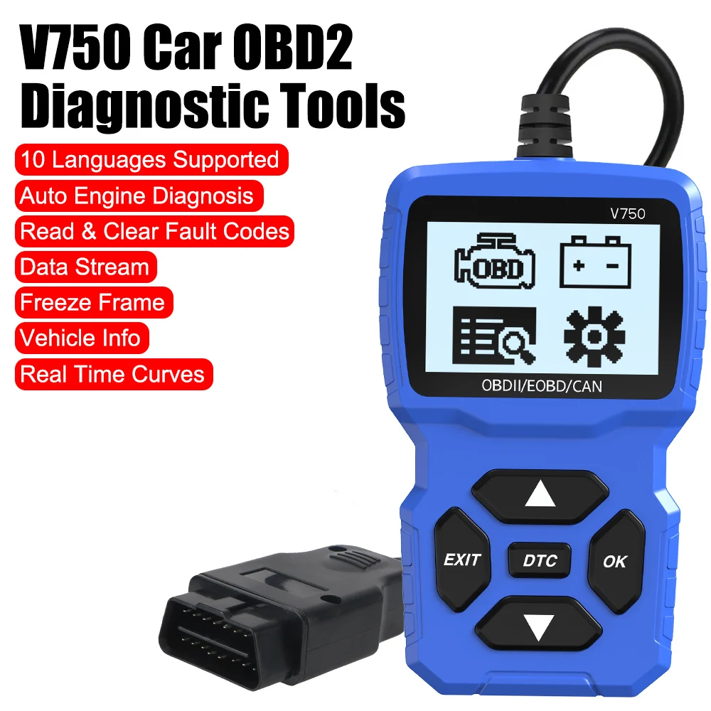 

V750 Car Diagnostic Tool Code Reader Battery Tester Check Engine System Read Vehicle Information OBD2 Scanner Multi-language