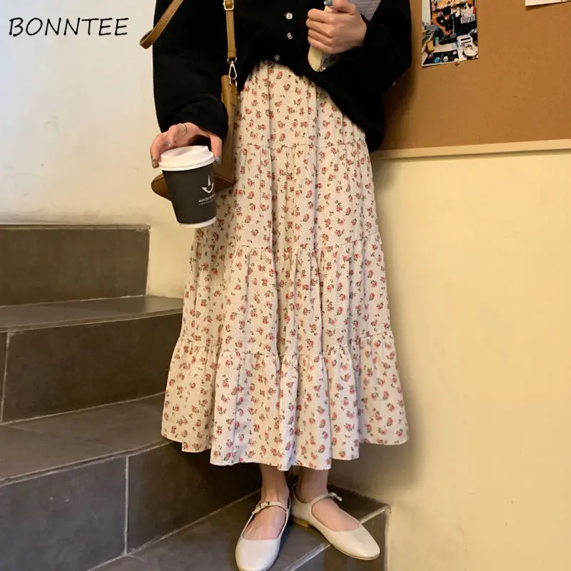 

M-4XL Midi Skirts Women Vintage Floral Holiday Spring College High Waist A-line Skirt Casual Stylish All-match Ulzzang Design