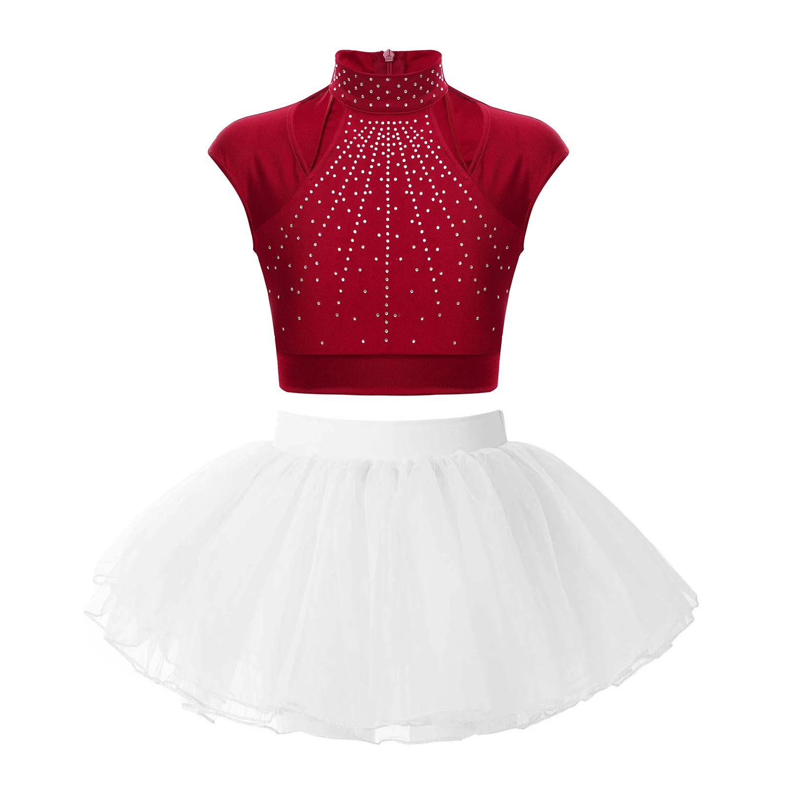 Kids Girls Sleeveless Ballet Dance Outfit Sets Shiny Rhinestones Crop Top with Tutu Mesh Skirt for Exercise Ballerina Clothes