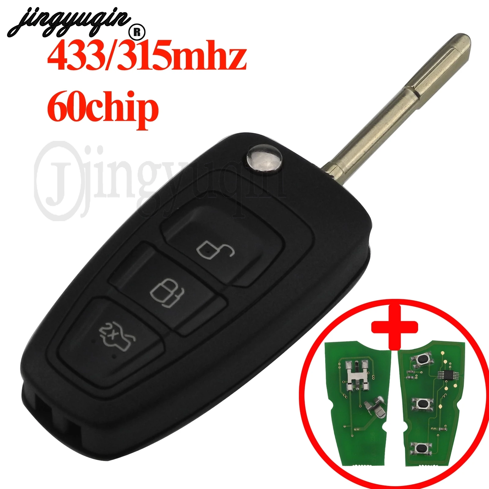 

jingyuqin Replacement 3 Buttons Flip Folding Remote Key Fob Chip 4D60 ID63 For Ford Focus MK1 Mondeo FTransit Connect 433Mhz