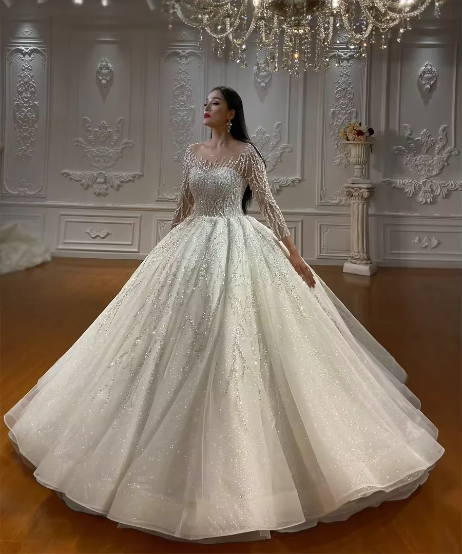 Customized Luxury Off Shoulder Wedding Dress Long Sleeve Lace Bridal Gown Beaded Sparkle Amanda Novias Official