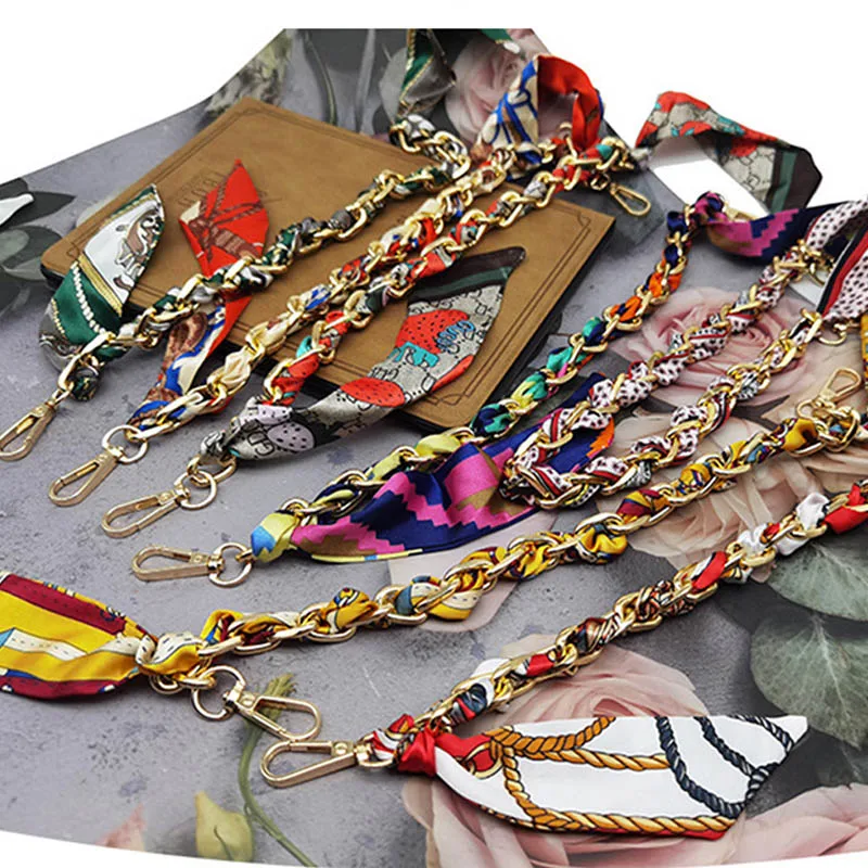 45cm Bag Handle Silk With Metal Chain Women Fashion Handbag Handle Decoration Tie Multi Function Hand Ribbon Purse Bag Straps