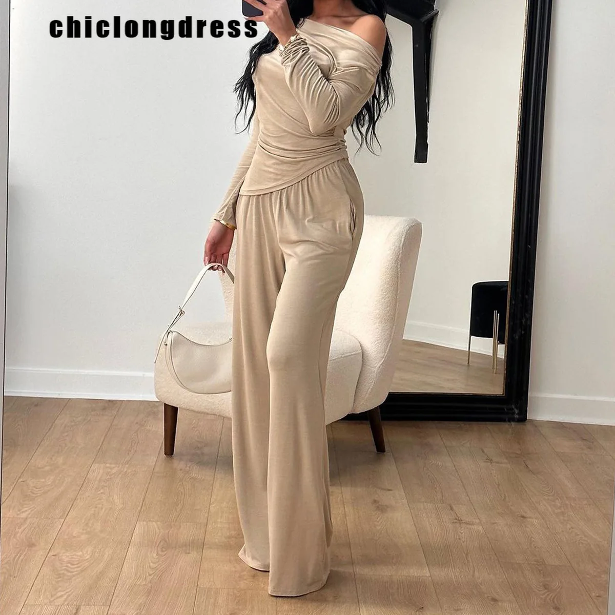 Autumn Fashion Elastic Two Piece Set Women Casual Solid  Off Shoulder Tshirt Wide Leg Pants Two Piece Set Women