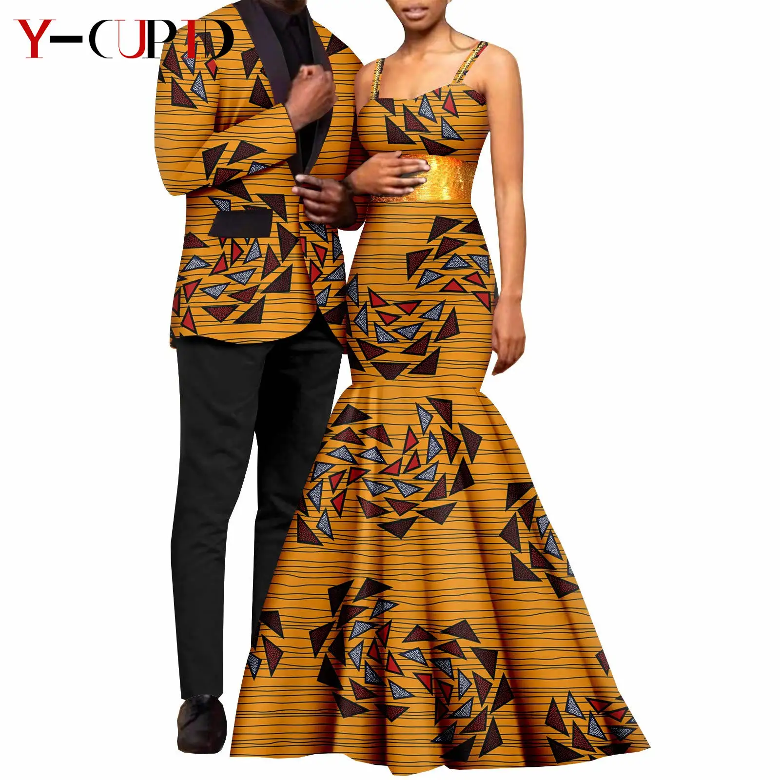 African Print Long Dresses for Women Matching Men Suits Outfits Dashiki Ankara Jackets Coats Bazin Riche Wedding Wear Y23C065