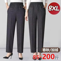 Spring Autumn Women Trousers New Fashion Striped Plaid Elastic High Waist Casual Pants 5XL 6XL Winter Fleece Warm Straight Pants
