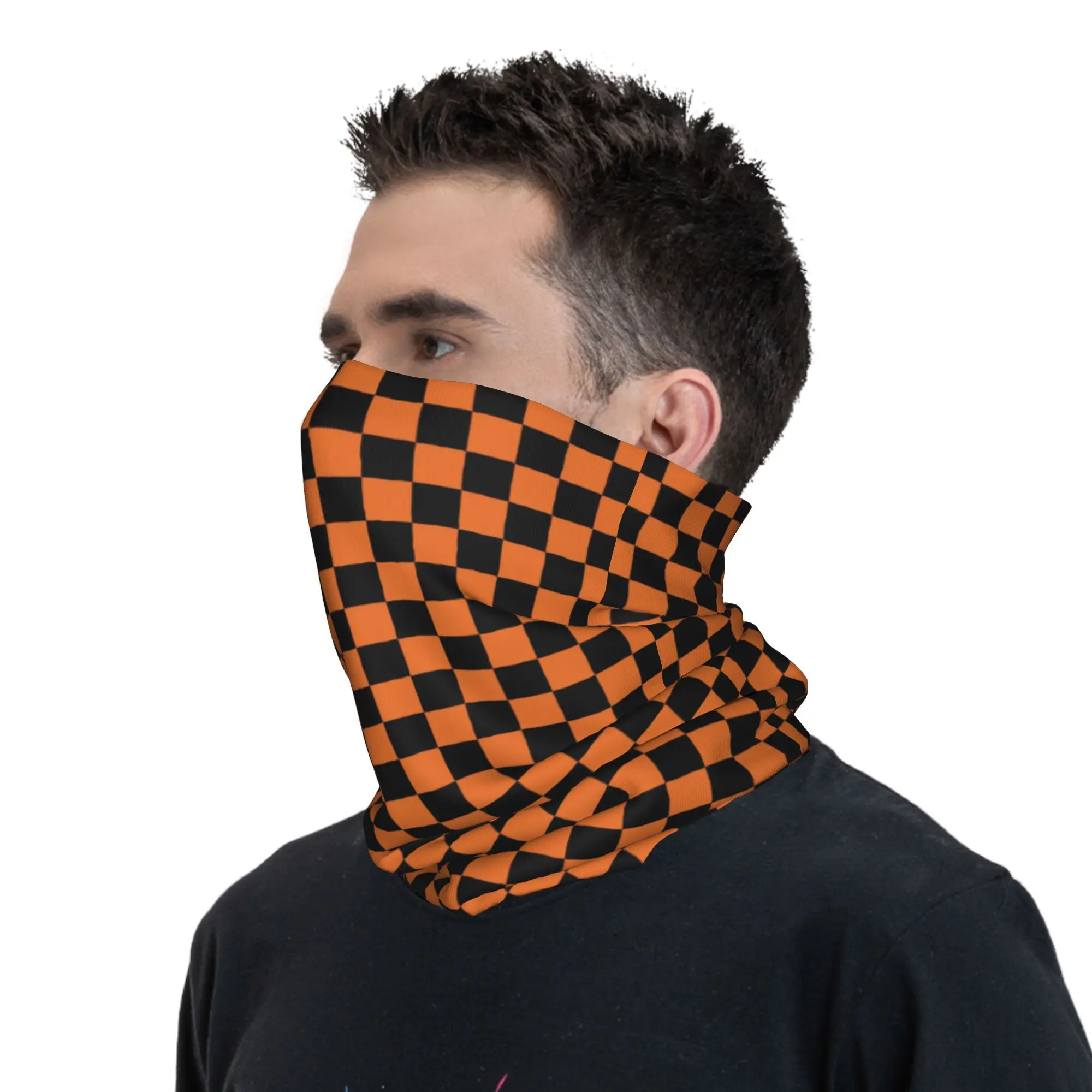 Custom Orange and Black Checkered Pattern Bandana Neck Gaiter Face Scarf Cover Men Women Geometric Plaid Headband Tube Balaclava image 6