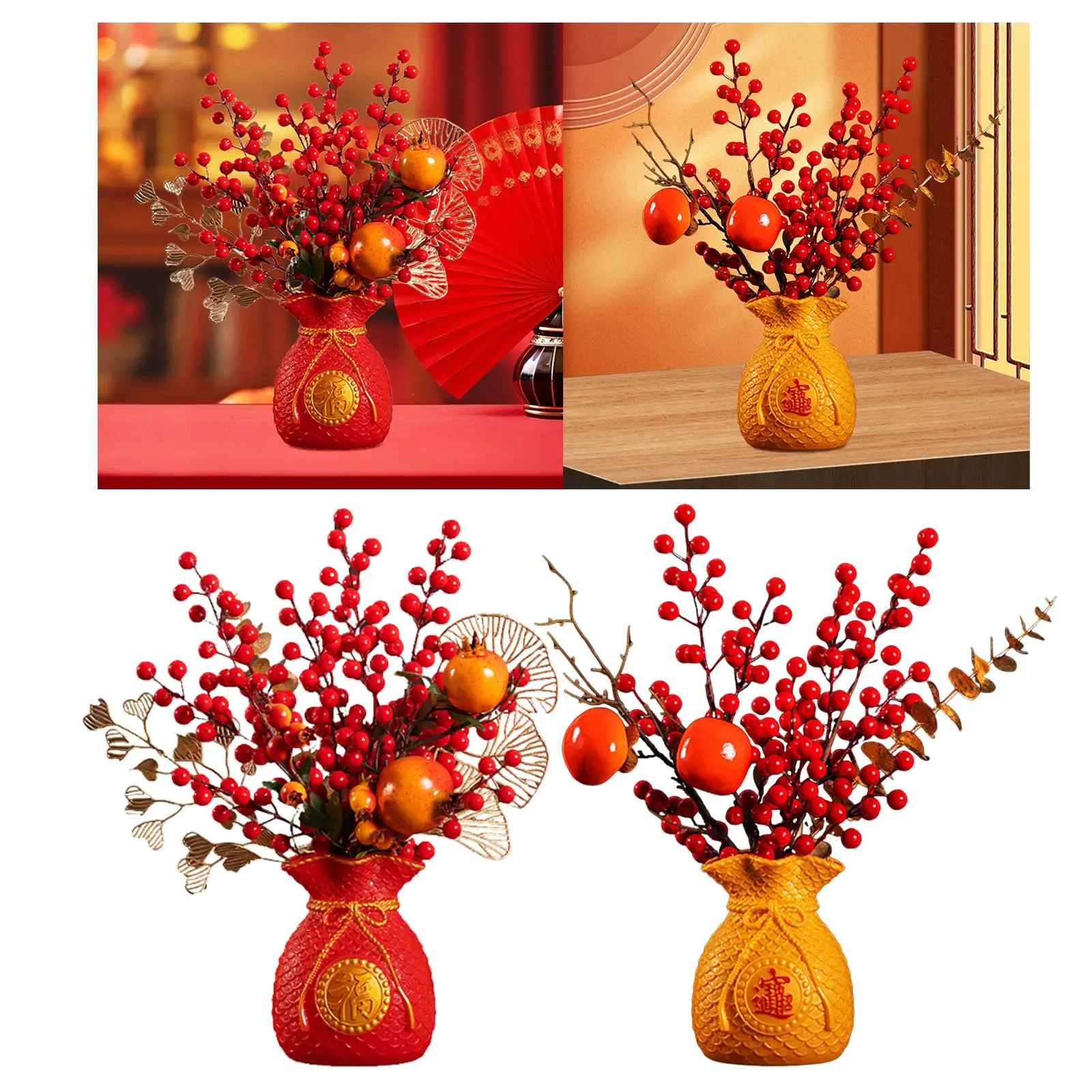 Artificial Red Bouquet Spring Festival Decor for Bookshelf Desktop Indoor