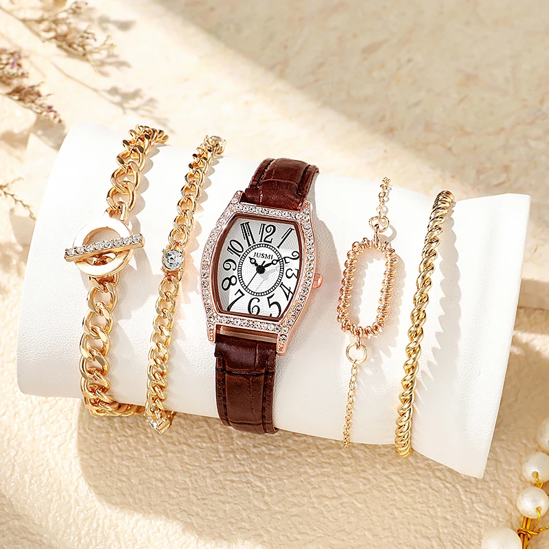 

Без подарочной коробки, цифровые весы, циферблат, кожаный ремешок в стиле ретро, модные женские часы, браслет с инкрустацией бриллиантами, набор из 5 предметов