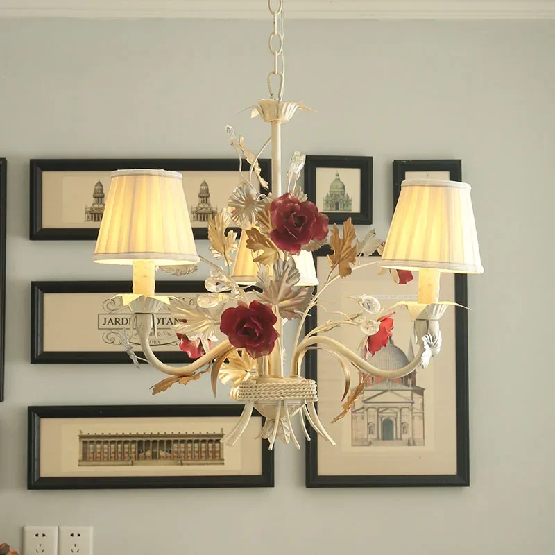 American cloth lampshade Camellia Garden House chandelier bedroom lamp iron art lamp dining room decorative Chandelier