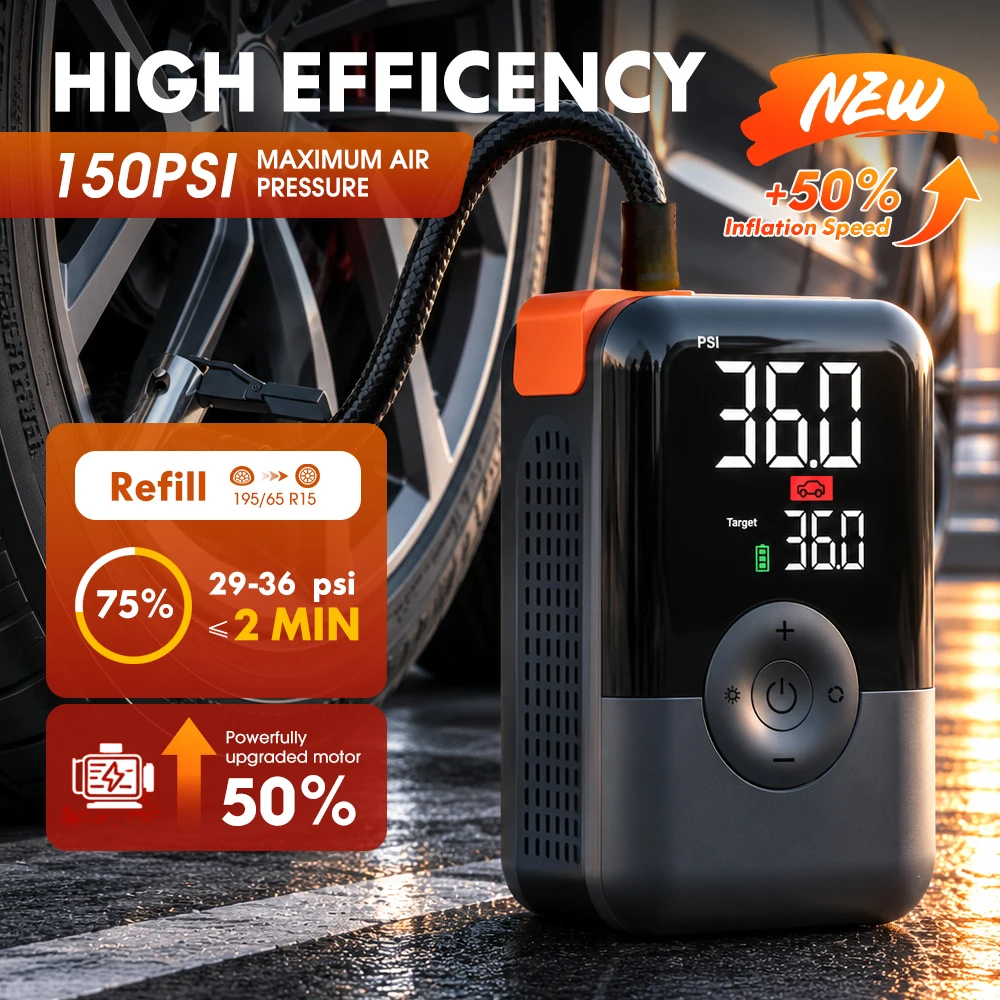 Portable Tire Inflator 150PSI Cordless Air Compressor Digital Pump Fast Inflation Auto Shut-off LED CE for Car Motorcycle Balls
