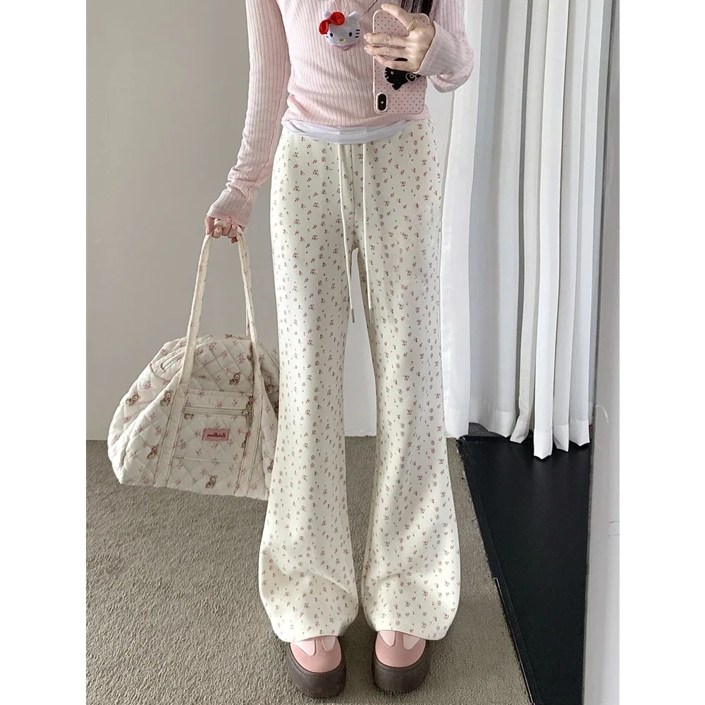 Women Floral Drooping Wide Leg Pants Slightly Flared Plush Casual Trousers Spring Autumn Winter Fashion