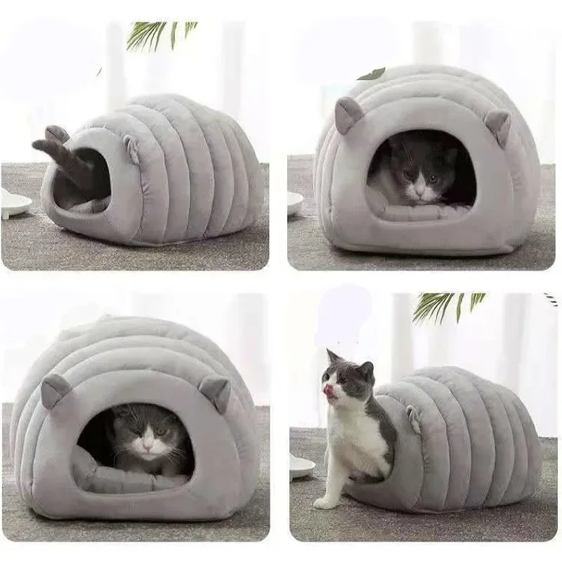 Half Closed Cat House, 4 Season Cute Style Bite Resistant Cat Kennel, Washable Cat Bed for Cats (Small, Brown)