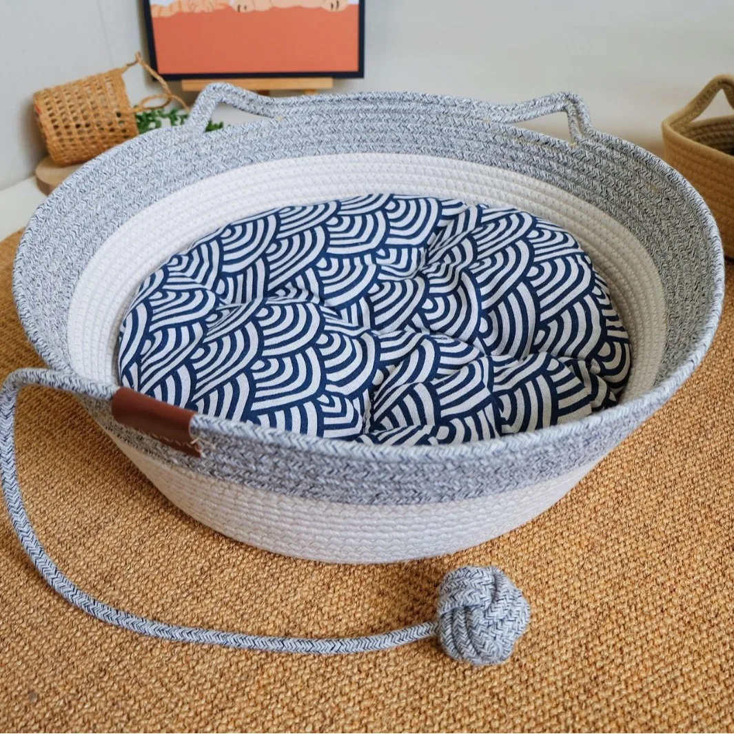 Summer cool cat 2 in 1 Scratching bed Hand woven Cotton Rope Pet Nest basket with pet ball pet toys washable Cat Cave Bed