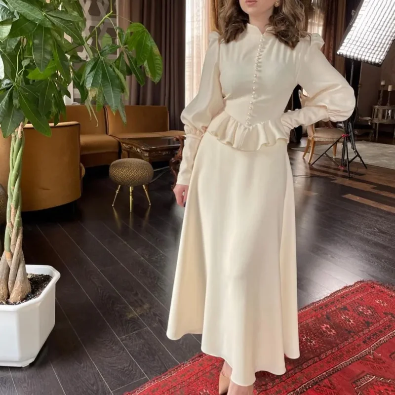 Blossom Ladies Satin Round Neck Exquisite Pleated Evening Gown Long Sleeve Casual Dress Ankle-Length Ball Gown