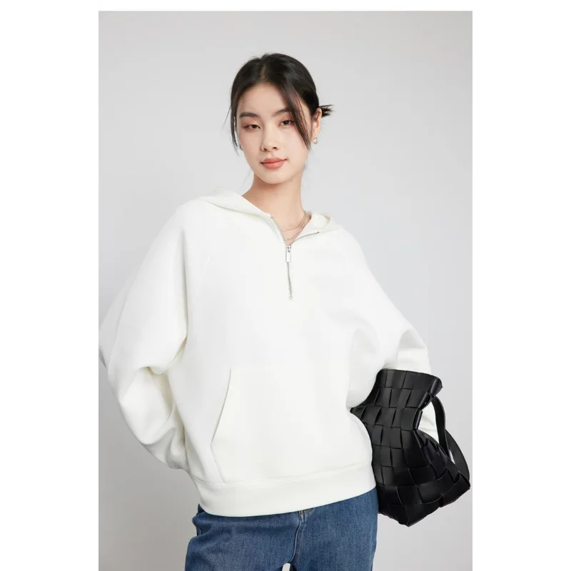 레트로 하프 집업 긴팔 스웨트셔츠 여성용 신상 패치워크 포켓 심플 후드 루즈 탑