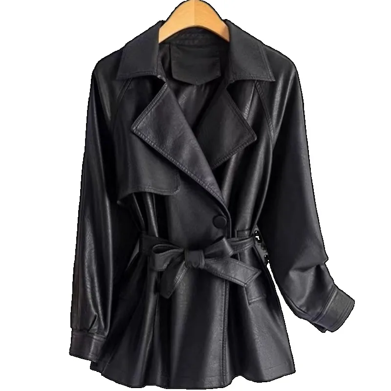 4XL Large Size Women Casual Leather Jacket New Spring Autumn Slim Belt Fashion Leather Windbreaker Ladies Korean Faux Overcoat