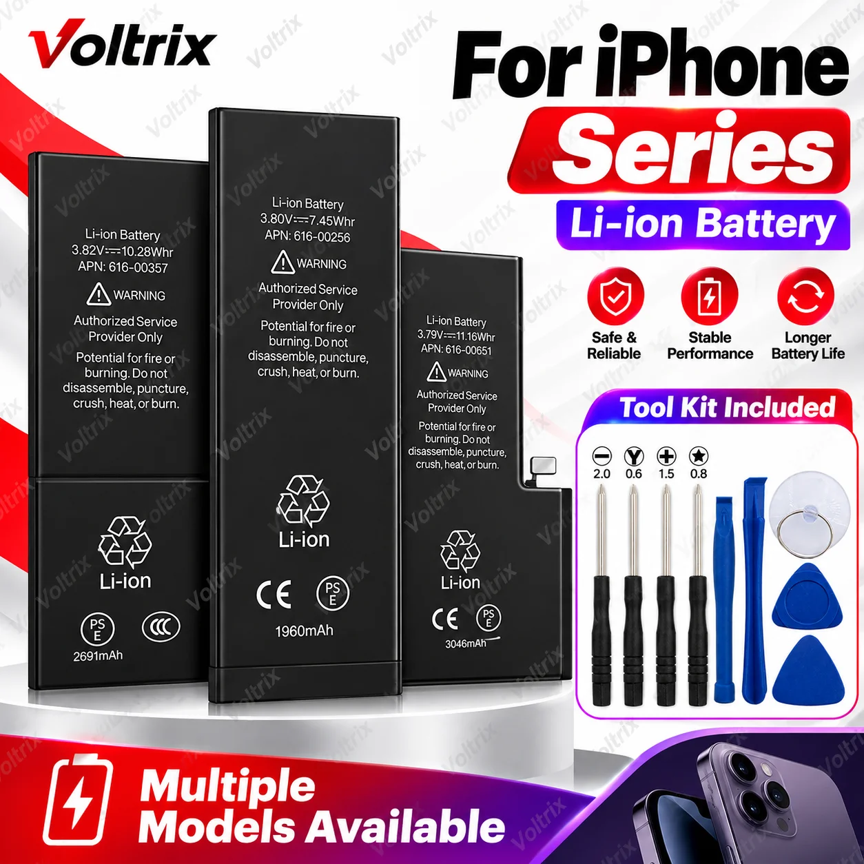 Applicable to Apple iPhone 6 7 8 XR 11 12 Pro 13 14 15 Replacement Mobile Phone Battery, High Capacity Lithium Battery Wholesale