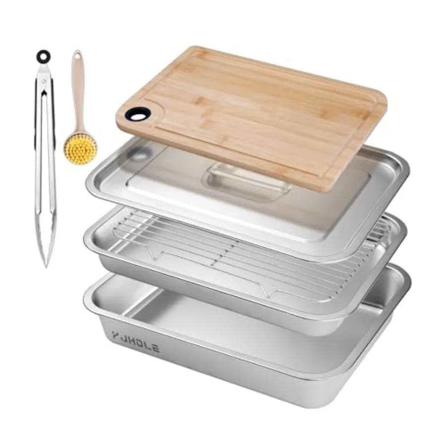 

Grilling Prep and Serve TraysStainless Steel Large Capacity Food Prep Trays with Lid Cutting Board Cooling Rack Food Tongs and
