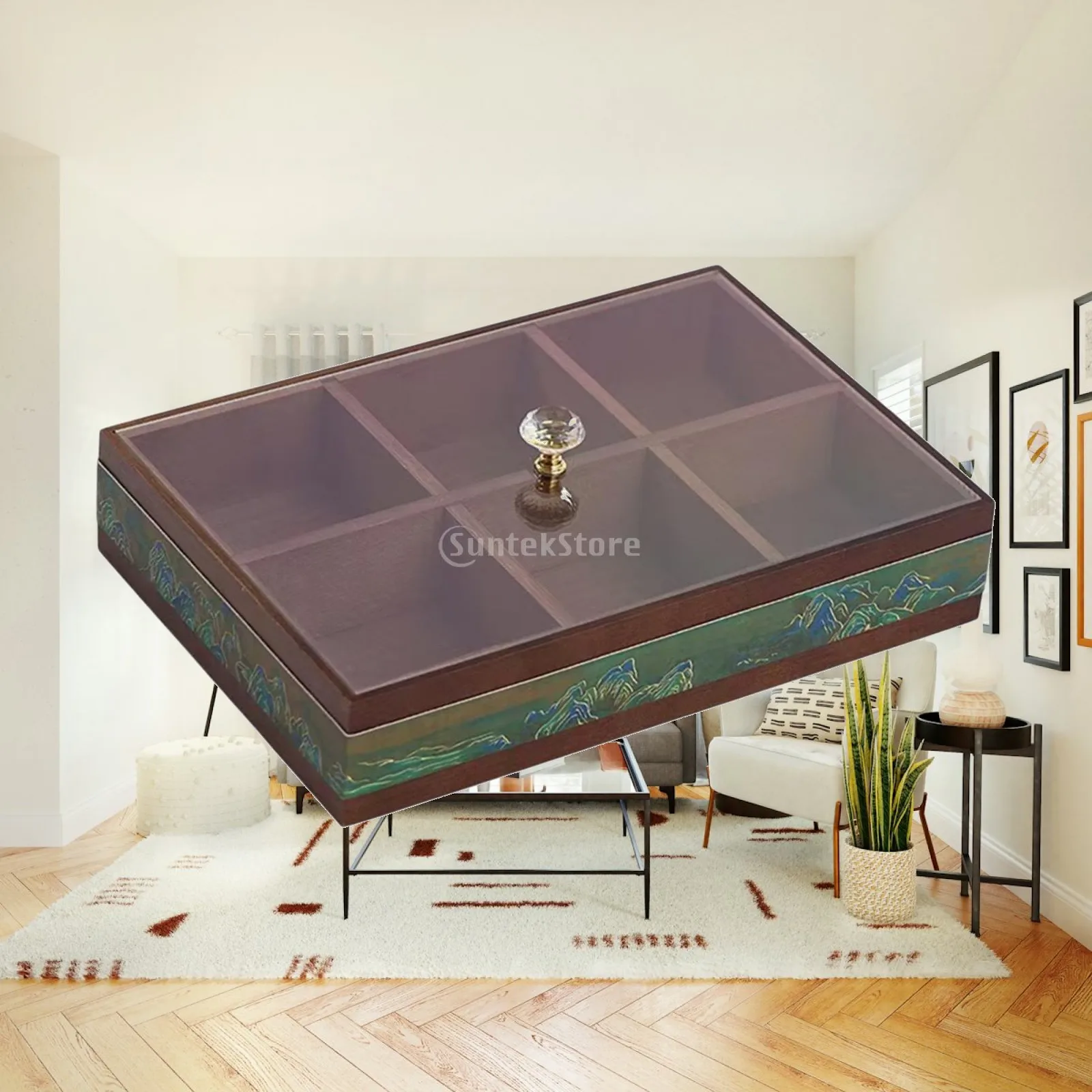 Decorative Bamboo Acrylic Serving Tray with Lid for Dried Fruit Candy Nuts Rectangle Table Center Snack Organizer