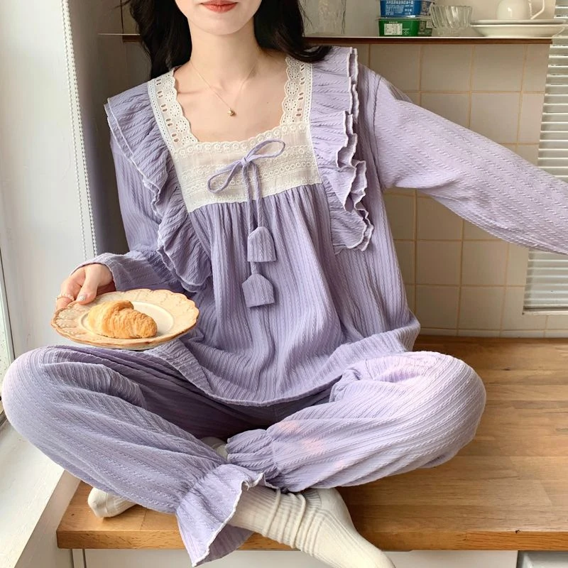 

Осенние хлопковые пижамные комплекты с длинными рукавами для женщин, корейские милые кружевные пижамы, костюм, пижама, домашняя одежда, Pijama Mujer, домашняя одежда