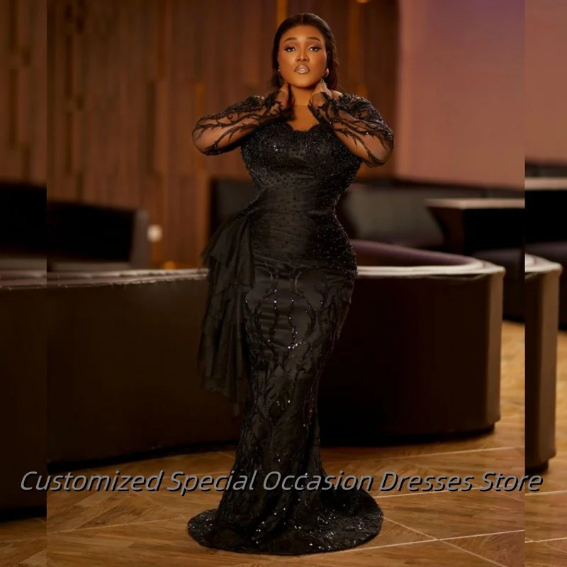 

Charming Black Lace Evening Dresses With Transparent Sleeves 2025 Long Mermaid Prom Dress Beaded Wedding Party Gowns Customized