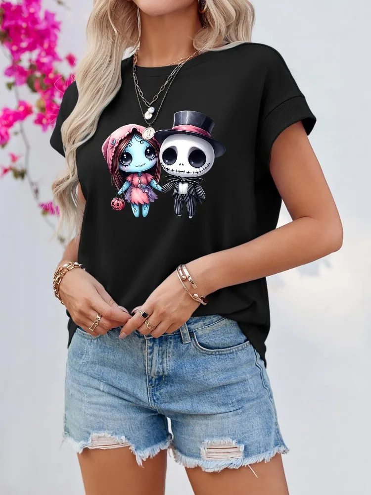 

The Nightmare Before Christmas Disney Jack Sally T Shirt Women's Harajuku Tops Summer Casual Clothes Street Style Y2K Clothing