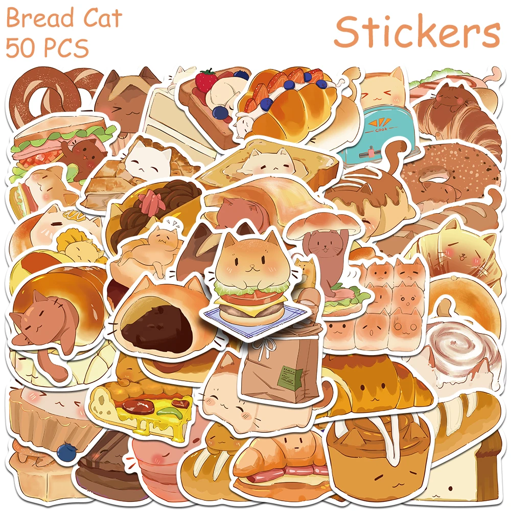 50pcs Cartoon Cute Bread Cat Stickers Decals For Laptop Scrapbook Luggage Helmet DIY Graffiti Aesthetic Stickers Creative Gifts