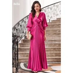 Bella Fuchsia V-neck Satin Mother of Bride Dresses Long Sleeves Mermaid Wedding Dress Elegant Floor-Length Vestidos De Fiesta