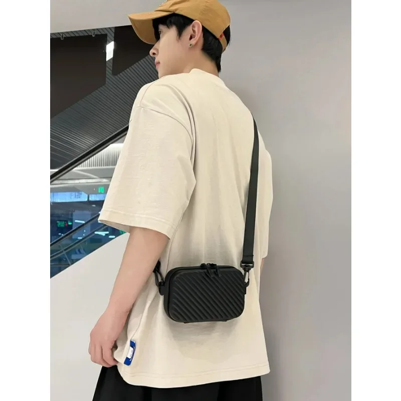 Simple Lightweight Box Bag Unisex Trendy Diagonal Striped Shoulder Bag Soft PU Leather Pressed Shell Men's Messenger Bag