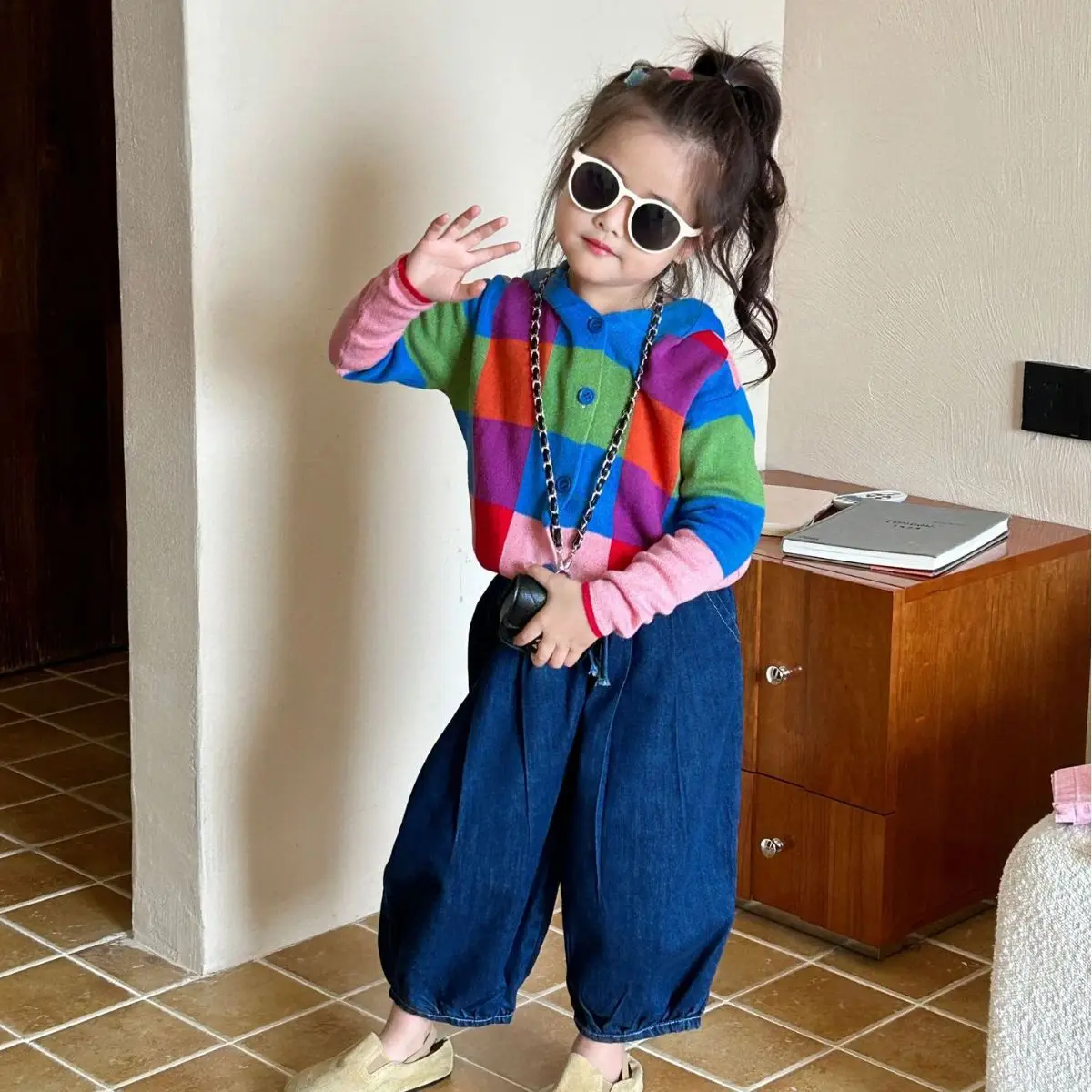 2024 Korean Autumn Kid Girl 2PCS Clothes Set Multicolor Plaid Hooded Cardigan Sweater Outfit Solid Jeans Pant Children Girl Suit