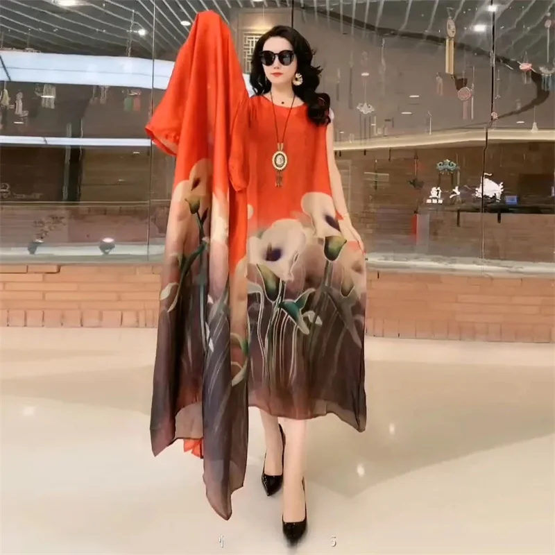 High Atmospheric Elegant Silk Dress Two-piece set 2024 Summer New Westernized Mulberry Silk Large Size Temperament Long Set Skir