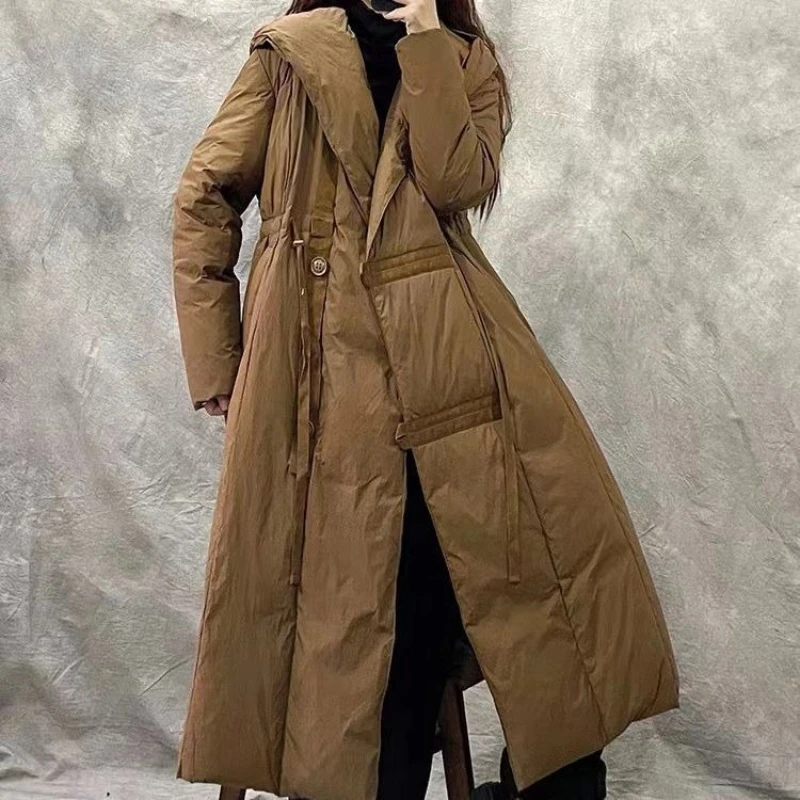 

New Chinese Style Women Down Jacket Winter Loose Hooded Long Coat 90 White Duck Down women