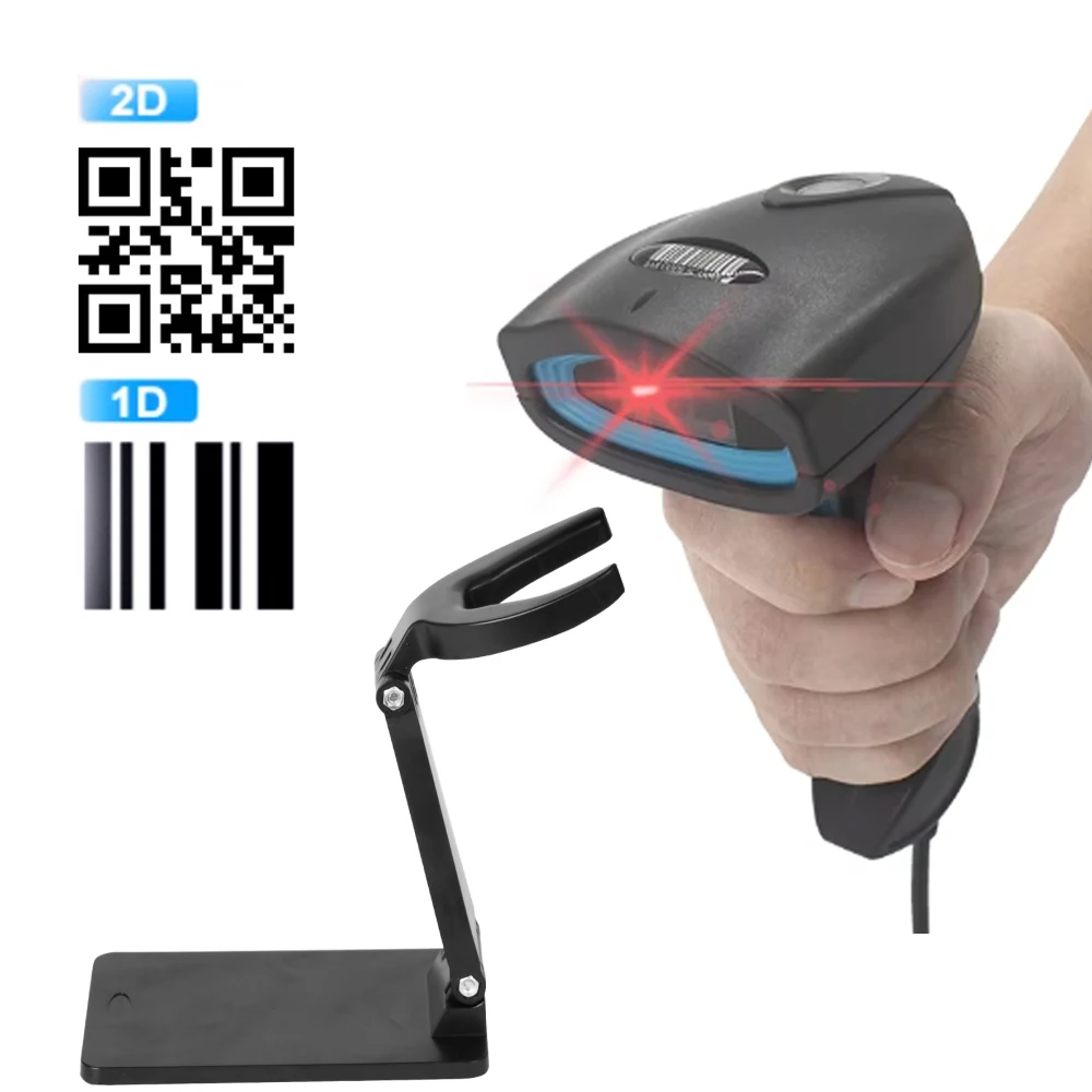 

2D-сканер штрих-кодов с подставкой, портативный, проводной USB-считыватель 1D/2D QR-кодов для инвентаризации магазинов и POS-терминалов