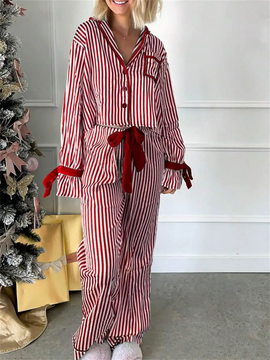 Women Striped Christmas Pajama Set Long Sleeve Button Up V Neck Crop Top With Bow Tie Drawstring Waist Pants Sleepwear