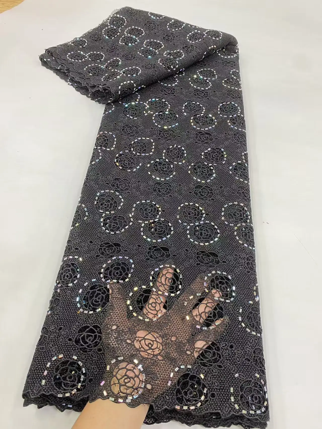 African Chiffon Orange Lace Fabric 2025 High Quality Nigerian Stone Lace Fabric Groom Chiffon French Bride Wedding Dress Hm208-1