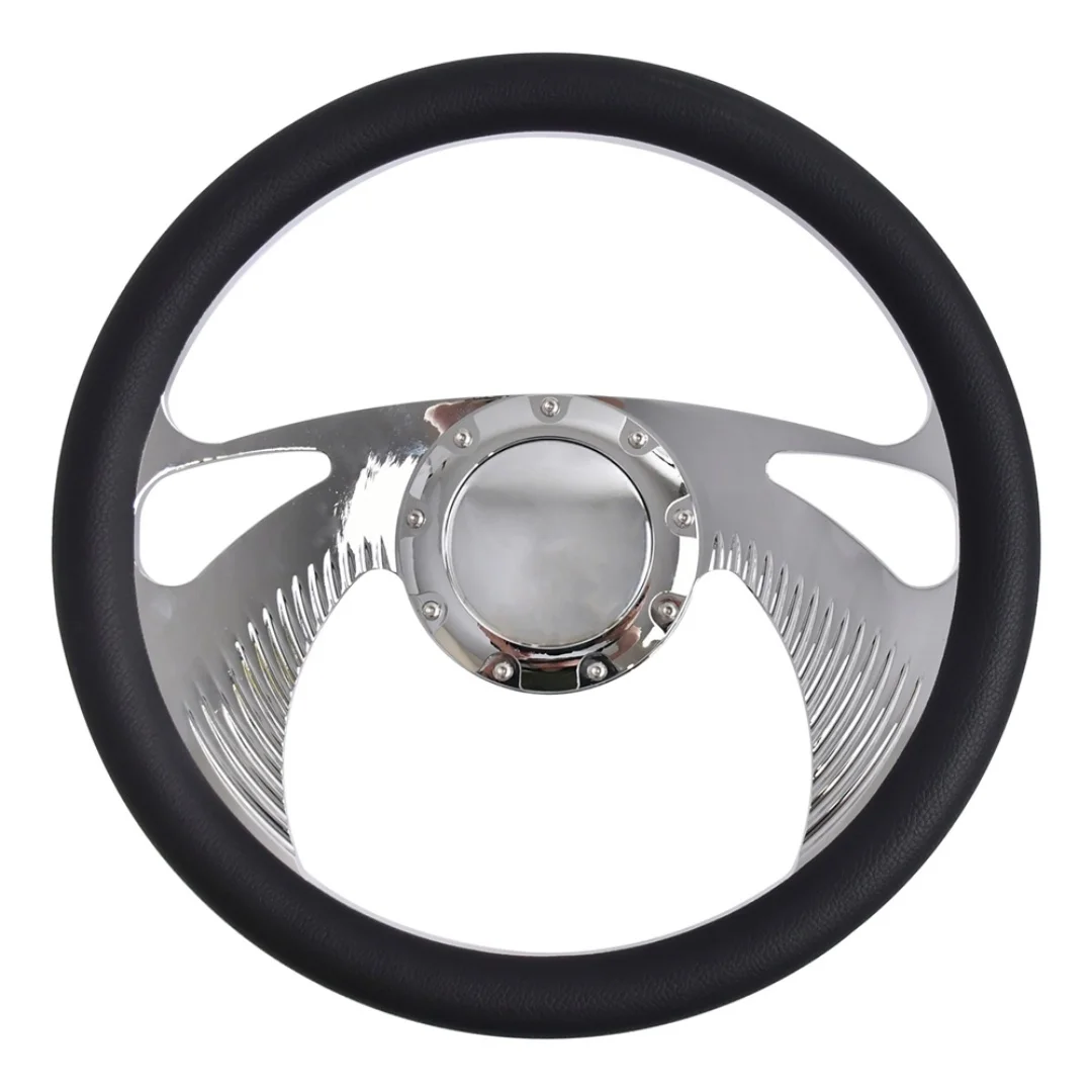 13.58 Inch 345mm Retro Car Steering Wheel Black Leather Grip Polished CNC Aluminum Spoke Universal Classic Old Car Modification