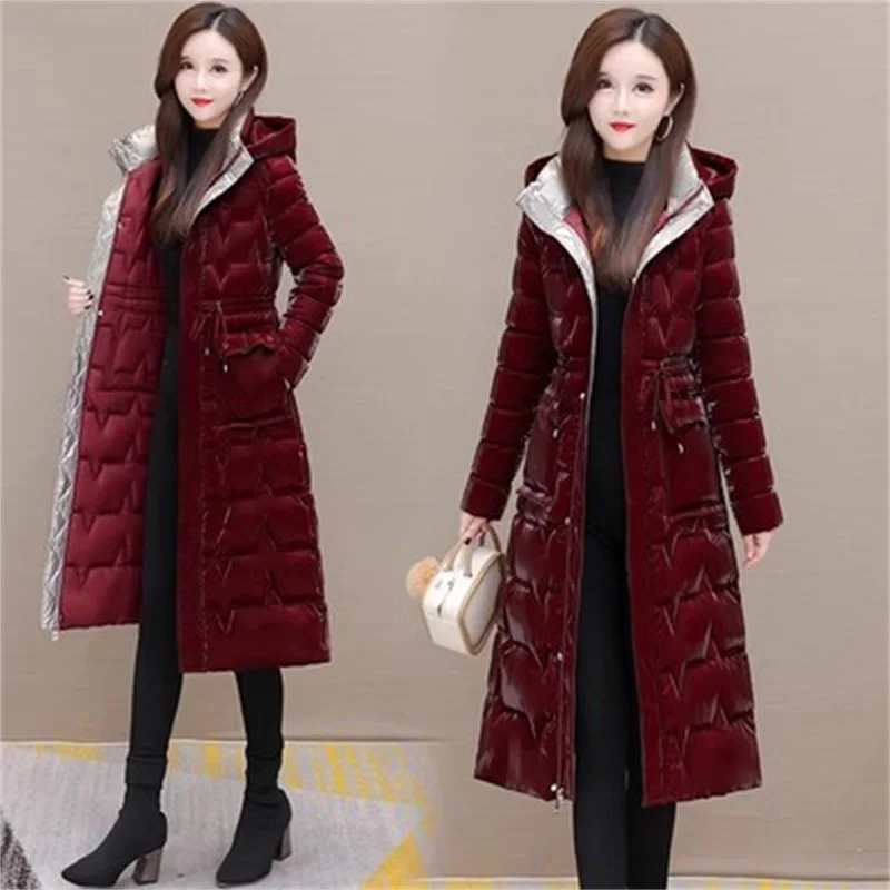 

Thickened Glossy Colorful Down Cotton-padded Jacket Ladies Winter 2023 New Slim The Waist Over The Knee Long Sleeve Hooded Coat