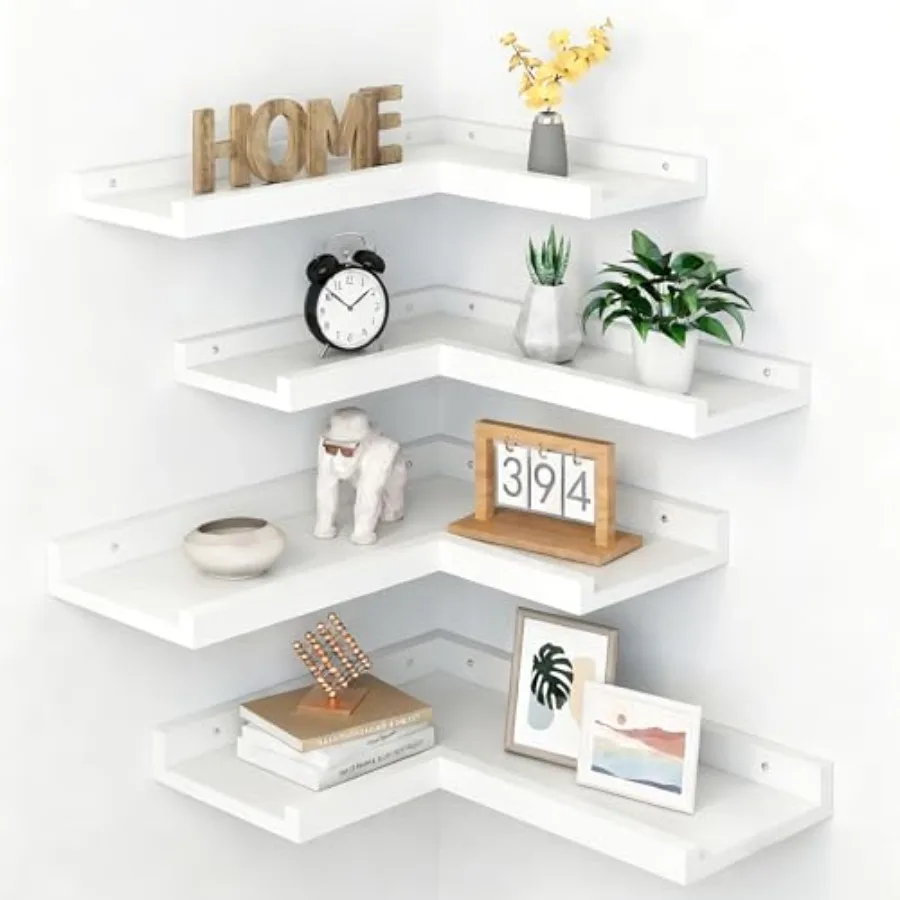 

4-уровневые белые L-образные настенные полки из массива сосны для гостиной, спальни, ванной комнаты, домашнего хранения