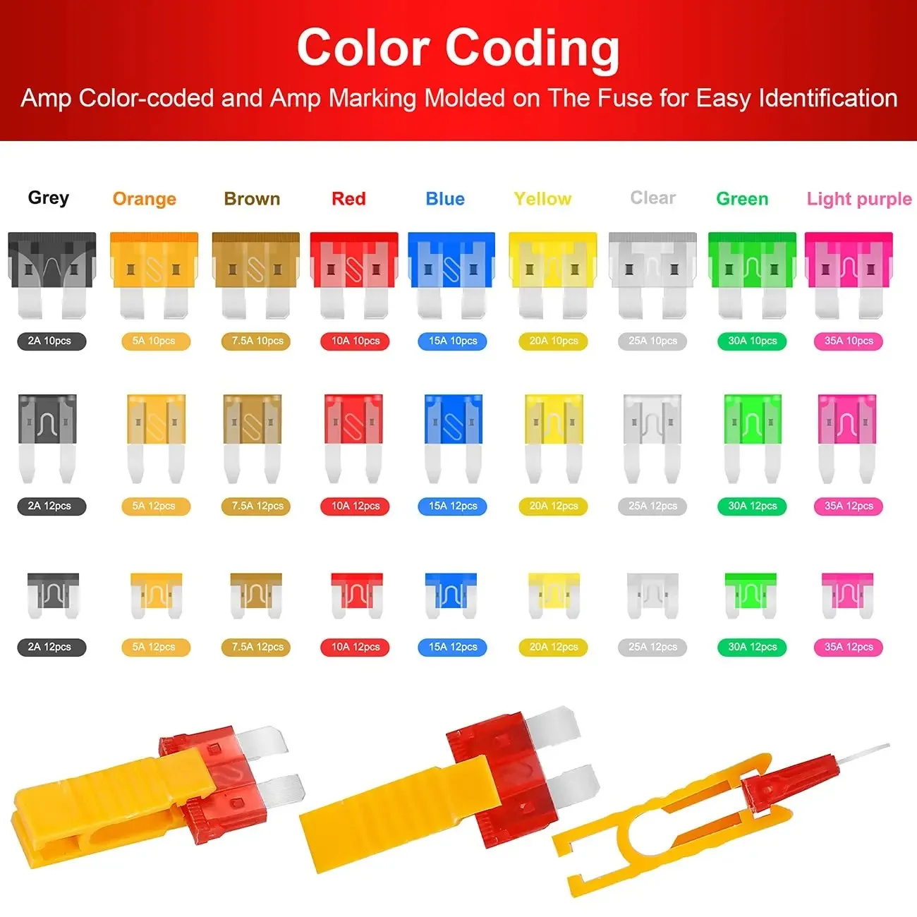 306PCS Car Fuse Kit 5A/10A/15A/20A/25A/30A/35A Amplifier with Box Clip Combination Car Blade Fuse Set with Circuit Electric Pen