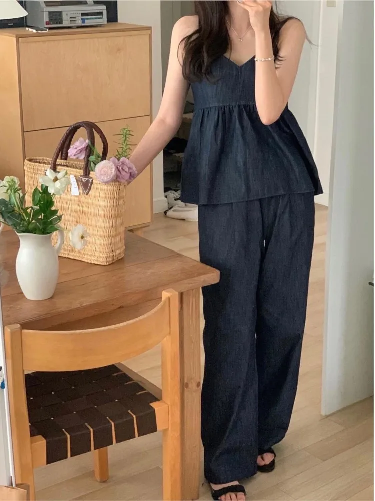 Denim Summer 2 Two Piece Set Women Sleeveless Fashion Ruffle Ladies Cropped Slip Tops Casual Loose Korean Woman Wide Leg Pant