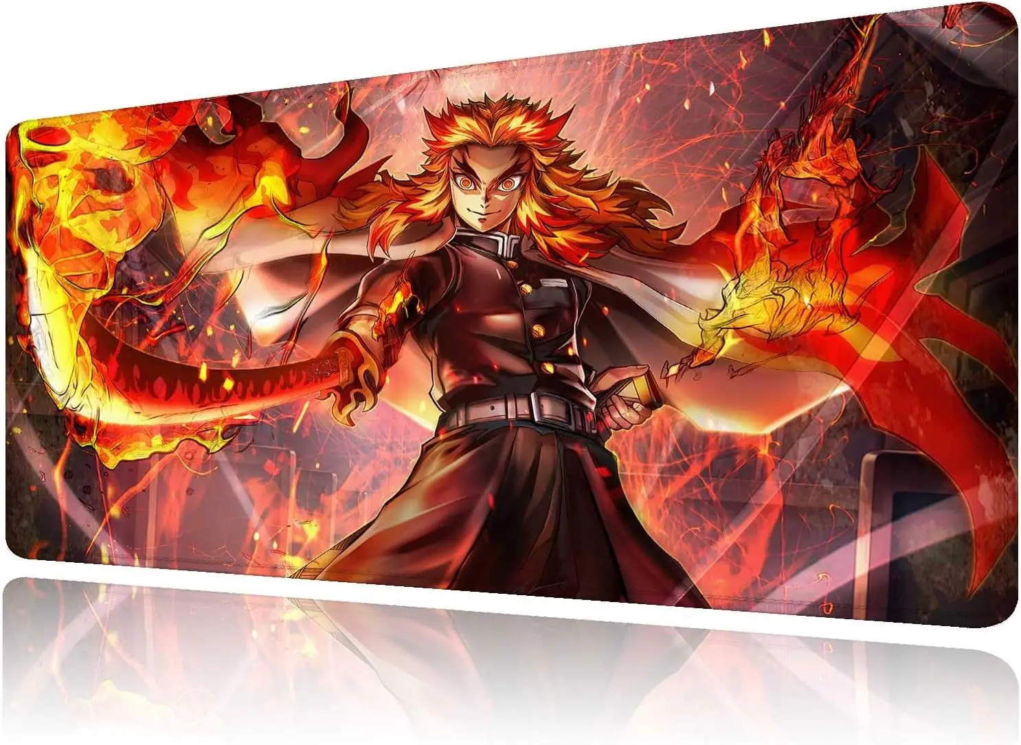 Demon Slayer Anime Fire Sword Big Mousepad with Non-Slip Rubber and Stitched Edgesfor Work Gaming Office Home 31.5X11.8 Inch