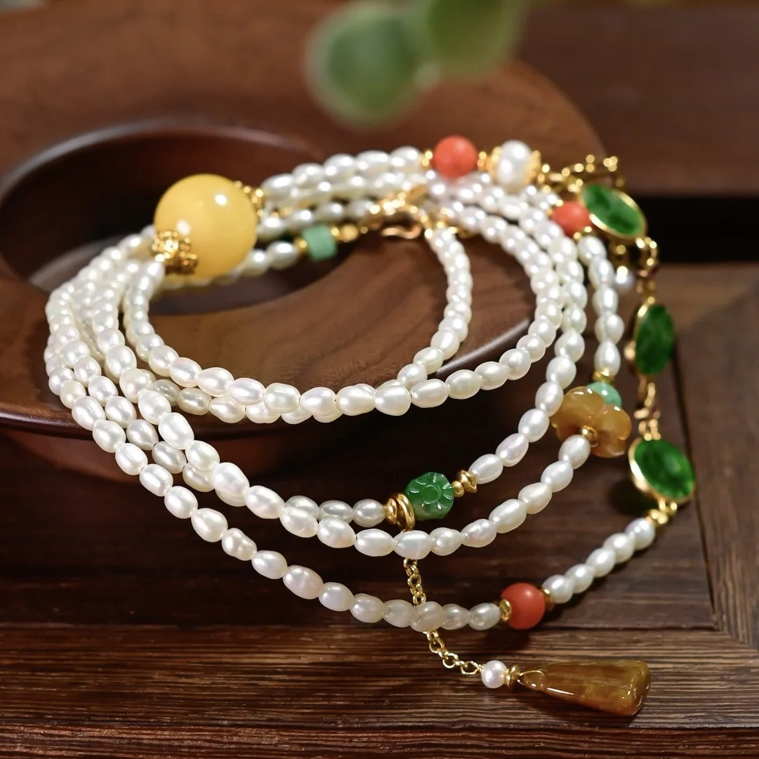 S925 Silver Chinese Multi-use Jewelry, Rice Pearl Mixed Jade Amber Dzi Bead Multi-loop Bracelet & Long Necklace