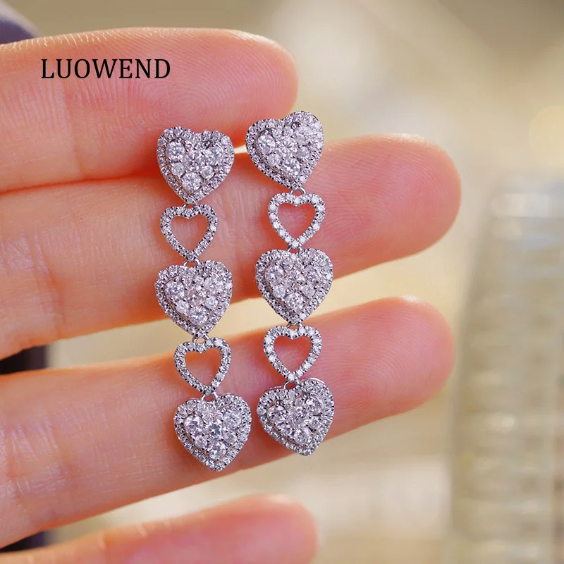 LUOWEND 100% 18K White Gold Earrings 1.40carat Real Natural Diamond Drop Earrings for Women Romantic Heart Shape Wedding Jewelry