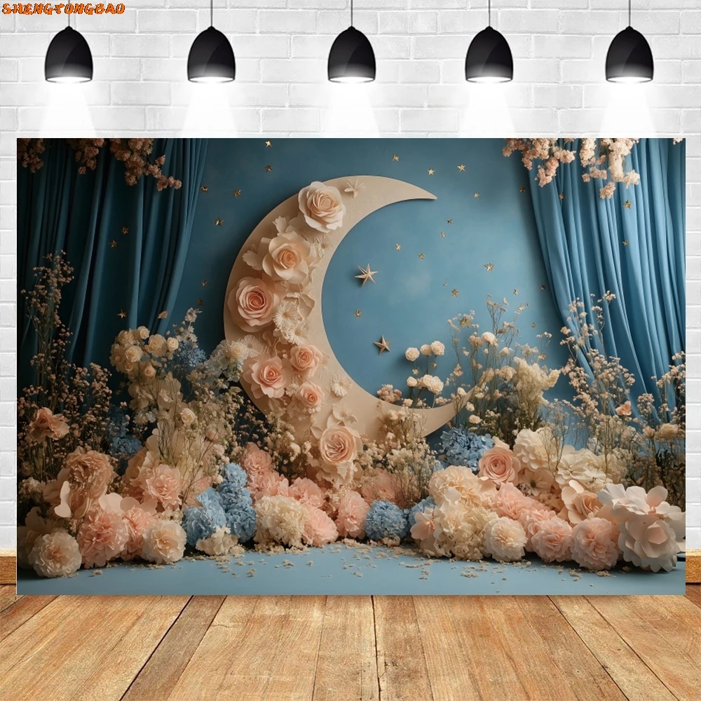 Moon Wonderland Theme Photography Backdrop Flowers Princess Birthday Party Decor Kids Portrait Background Photobooth Supplies
